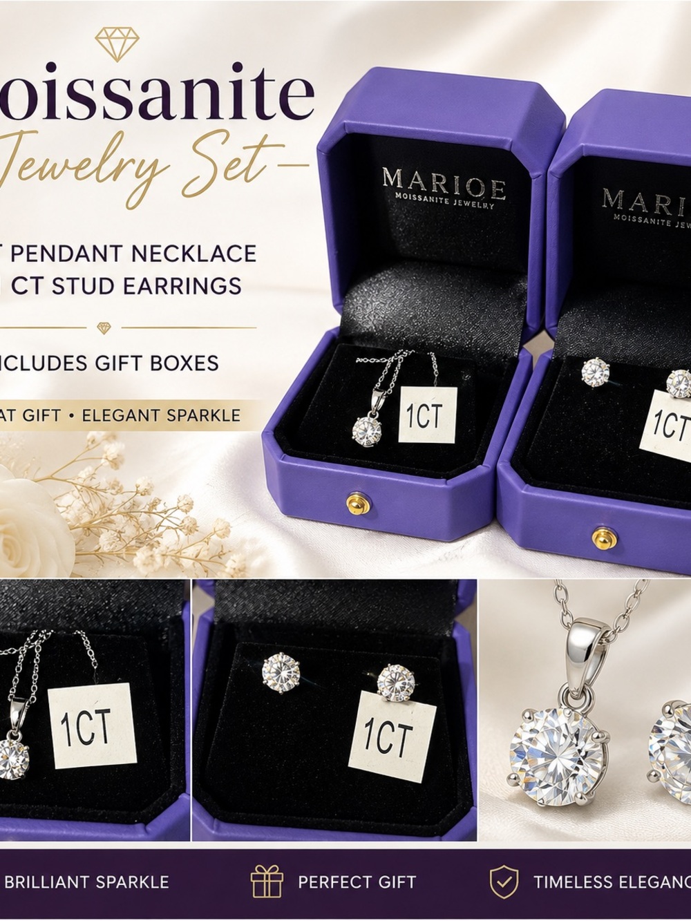 Never worn White Moissanite Pendant Necklace with Matching Stud Earrings - White
